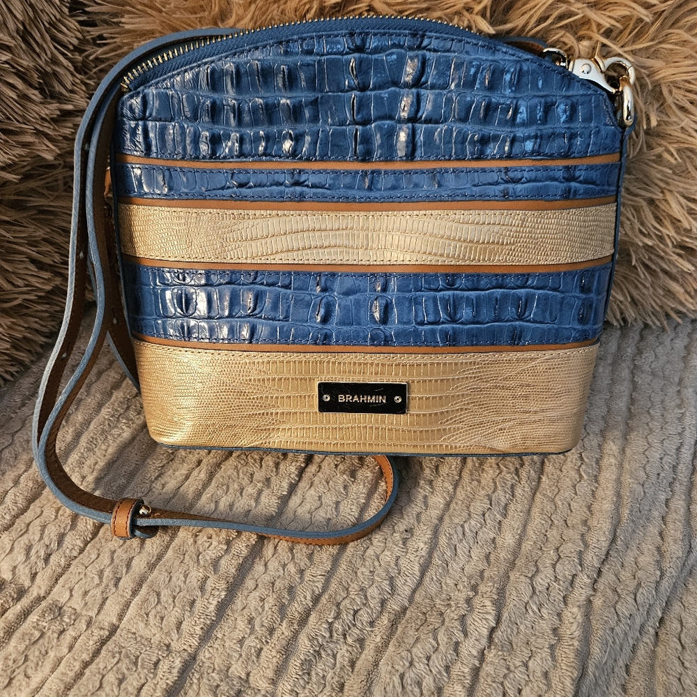 Brahmin | NWOT Mini Duxbury Shoulder Bag in Surf Vineyard Blue & Tan Leather